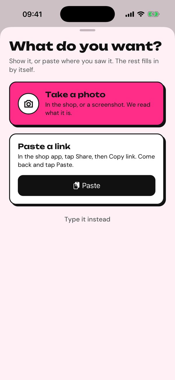 Add screen: take a photo or paste a link.